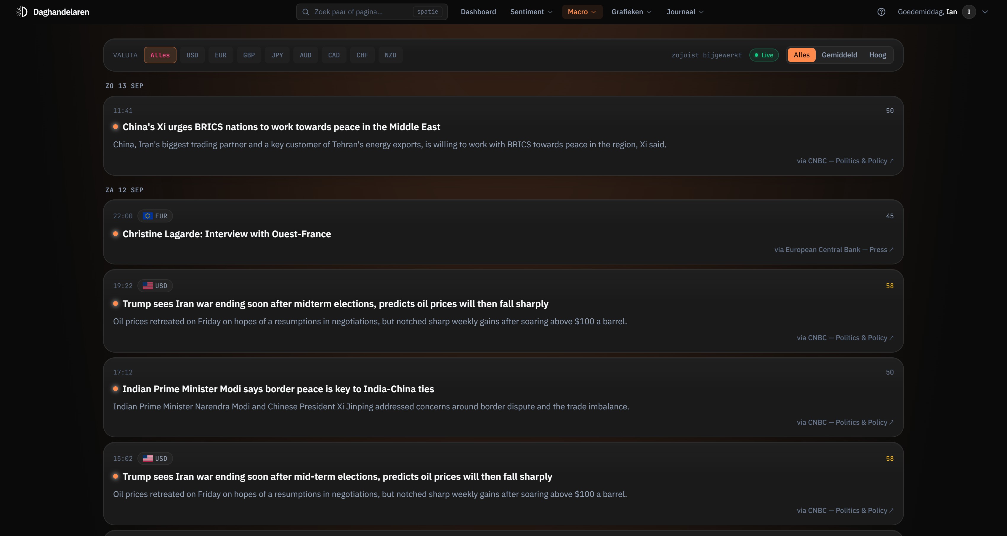 Detected news events with currency and impact